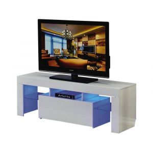 Meuble TV LED ""Borda"" - 130 x 34 x 45 cm - Blanc laqu&eacute;