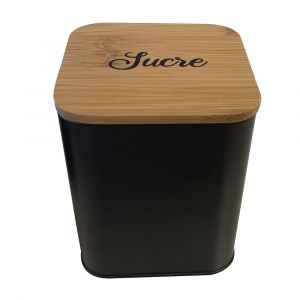 Boite a sucre carree metal noir et bambou 11.5 x 11.5 x 14 cm - 1.5l