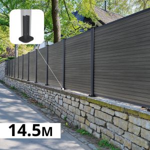 Kit Clôture Composite sur Muret SANTOS Ardoise 14,5x1,8m - Bois composite & Aluminium - Poteaux sur Platines Gris - Brise vue
