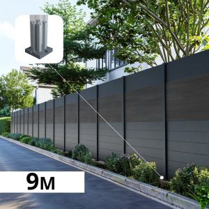 Kit Clôture Aluminium BAHIA & CRUZ Ardoise 9,20x1,8m - Aluminium et bois composite - Poteaux sur Platines gris - Brise vue - Palissade
