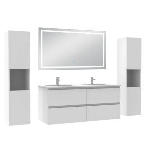 Ensemble meubles Salle de Bain 120cm avec colonne et miroir lumineux 3 couleurs et dimmable blanc