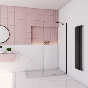 Paroi de douche à l’italienne anticalcaire 8mm walk-in 100x200cm avec barre de fixation d’ angle noir 45cm, profilé en noir mat