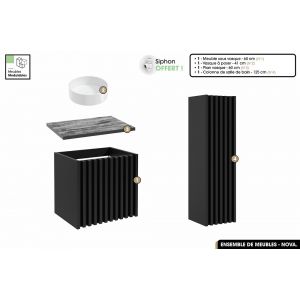 Ensemble complet de salle de bain - Meuble - Colonne - Vasque à poser avec Siphon OFFERT / NOVA / Noir / 60 x 56 x 45 cm