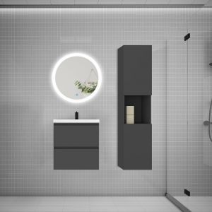 AICA SANITAIRE Ensemble meuble vasque L.50cm 2 tiroirs + lavabo + LED miroir rond 60cm + colonne,anthracite，design