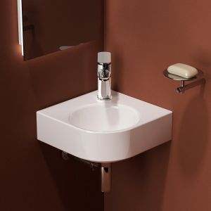 EMKE Lavabo d'Angle Mural de Salle de Bain 440 x 385 x 155 mm, Vasque Compacte en C&eacute;ramique, Lavabo Gain de Place, Montage mural, Blanc Brillant