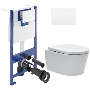 Villeroy & Boch Pack WC Bâti-support + WC sans bride Swiss Aqua Technologies + Plaque blanche + Set d'isolation phonique