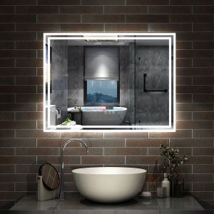 Simple Bluetooth LED miroir de salle de bain tricolore tactile avec antibuée et horloge, 120x70cm horizontalement