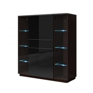 Buffet haut TONGA 123x133x44 cm avec 4 portes en verre et 1 tiroir, coloris wengé