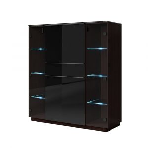 Buffet haut TONGA quatre portes et un tiroirs. Couleur Wengé. LED incluses. Style design.