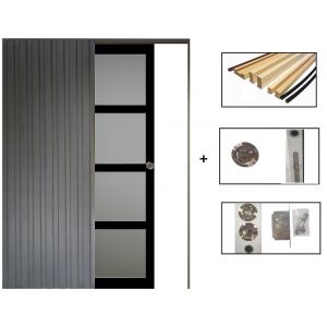 Porte Coulissante Telia Noir Vitree H204 x L83 + SYSTEME Galandage et kit de finition inclus