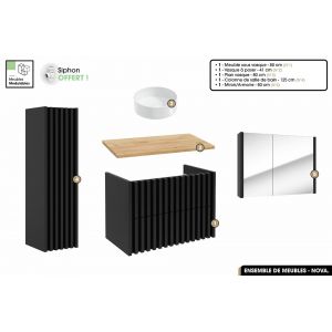 Ensemble complet de salle de bain - Meuble - Colonne - Miroir - Vasque à poser avec Siphon OFFERT / NOVA / Oak / 80 x 56 x 45 cm