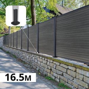 Kit Clôture Composite sur Muret SANTOS Ardoise 16,5x1,8m - Bois composite & Aluminium - Poteaux sur Platines Gris - Brise vue