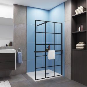 Paroi de douche à l'italienne style contemporain 80x200cm installé avec une barre de fixation noir 73-120cm extensible,livré avec étagère de douche noir