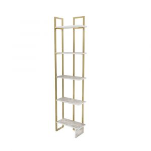 Bibliothèque d`angle 5-étagères Alice avec le cadre en métal (Doré et Effet marbre blanc)