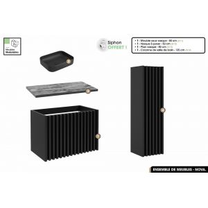 Ensemble complet de salle de bain - Meuble - Colonne - Vasque à poser avec Siphon OFFERT / NOVA / Noir / 80 x 56 x 45 cm