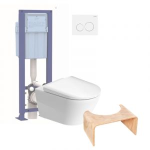 Pack WC suspendu sans bride D-Neo avec abattant frein de chute + bati support SIAMP + Plaque chromée + Tabouret