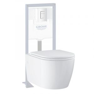 Pack WC suspendu sans bride Start Round Ceramic + abattant frein de chute + B&acirc;ti-support autoportant + Plaque carr&eacute; blanc alpin