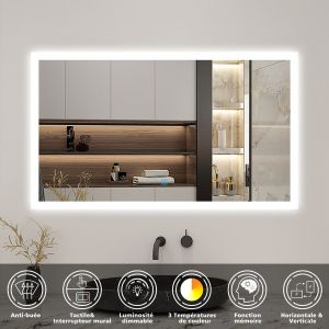 LED miroir lumineux 3 couleurs tactile avec anti-buée,dimmable et mémoire 120x70cm miroir salle de bain