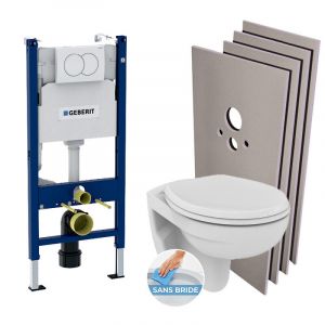 Pack WC Bati-support Geberit Duofix + Cuvette suspendue sans bride Porcher + Abattant + Plaque de commande blanche + Set d'habil