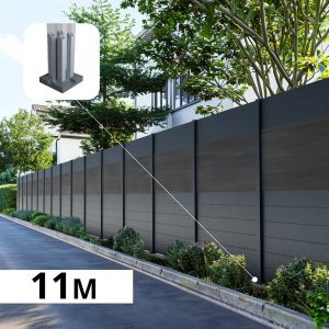 Kit Clôture Aluminium BAHIA & CRUZ Ardoise 11,03x1,8m - Aluminium et bois composite - Poteaux sur Platines gris - Brise vue - Palissade