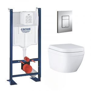 Grohe Pack WC Euro Ceramic sans bride Triple Vortex blanc alpin + Rapid SL autoportant NF + plaque chrome (ProjectEuroCeramic-1)