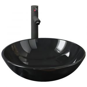 Lavabo de bain avec robinet et drain à poussoir vasque à poser de toilette lave-mains de salle de bain lavabo de salle d'eau verre diamètre 42 cm trempé noir 02_0002857
