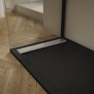 Receveur de douche 70x120cm extra plat RIBERA en résine surface ardoisée noir Grille inox