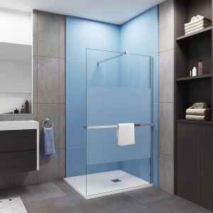 Paroi de douche à l'italienne en bande central dépoli 140X200cm avec porte serviette-étagère chromé et une barre de fixation forme carré extensible
