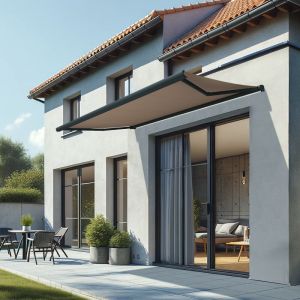 Store banne coffre intégral CINABRE 3.5 x 2 m - Motorisé à interrupteur - Gris anthracite - Toile acrylique taupe