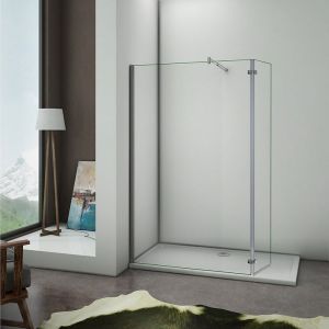 Paroi de douche avec retour pivotant 100+40x200cm, charni&egrave;res, AICA paroi de douche &agrave; l'italienne en verre anticalcaire avec barre de fixation cylindrique 70-120cm