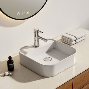 EMKE Vasque &agrave; Poser en c&eacute;ramique 40&times;40&times;11cm, Lavabo Carr&eacute; avec robinet trou pr&eacute;perc&eacute;, Lavabo &agrave; poser blanc brillant