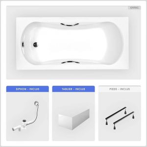 Baignoire rectangulaire - 170 x 70 cm - avec Tablier Blanc - Pieds - Poignées - Vidage Chrome - ARIA PLUS