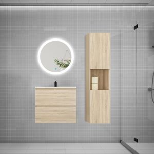 AICA SANITAIRE Ensemble meuble vasque L.60cm 2 tiroirs + lavabo + LED miroir rond 60cm + colonne,ch&ecirc;ne，design