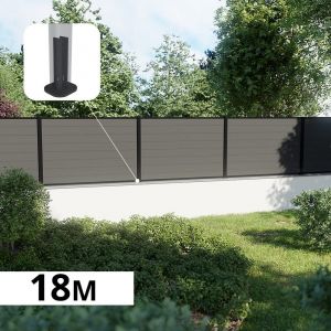 Kit Clôture Composite sur Muret RIO Platine 18x1,8m - Bois composite & Aluminium - Poteaux sur Platines Noir - Brise vue