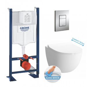 Grohe Pack WC Cuvette Compacte Sento RIM-EX (sans bride) + Rapid SL autoportant NF + plaque chrome (ProjectSentoRimlessCOMPACT-1)