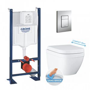 Grohe Pack WC Euro Ceramic Cuvette Compact Triple Vortex + Rapid SL autoportant NF + plaque chrome (ProjectEuroCompact-1)