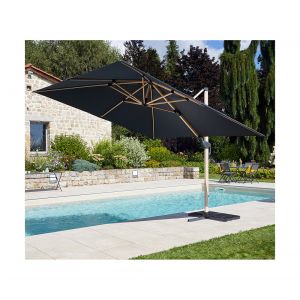 Parasol déporté 3x3m double inclinaison - effet bois - gris anthracite - EMERAUDE