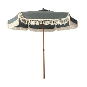 Parasol rond en métal imitation bois et toile kaki - D200 x H225 cm