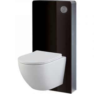 Pack WC suspendu gain de place bâti mural verre noir + cuvette sans bride vortex Turbi