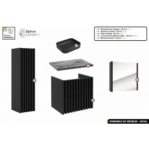 Ensemble complet de salle de bain - Meuble - Colonne - Miroir - Vasque à poser avec Siphon OFFERT / NOVA / Noir / 60 x 56 x 45 cm