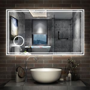 AICA Miroir de salle de bain LED 120x70cm Tricolor anti-buée avec bluetooth simple, horloge et miroir grossissant 3x