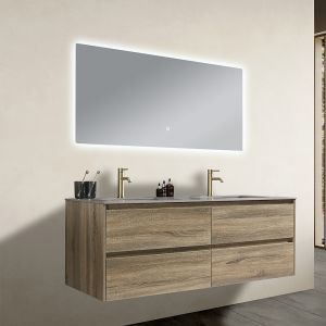 Meuble salle de bain double vasque 140cm bois et effet marbre marron avec miroir LED LB-8475M-140