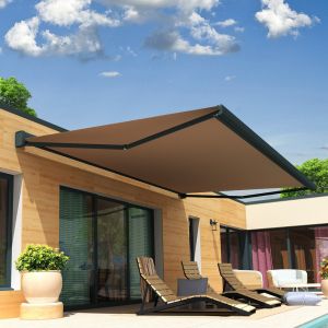 Store banne coffre int&eacute;gral SOA 3,00x2,50 M (Motoris&eacute; Secours &agrave; T&eacute;l&eacute;commande + LED - Gris anthracite structur&eacute; RAL7016ST - Taupe 250g/m&sup2;)