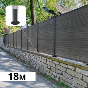Kit Clôture Composite sur Muret SANTOS Ardoise 18x1,8m - Bois composite & Aluminium - Poteaux sur Platines Gris - Brise vue