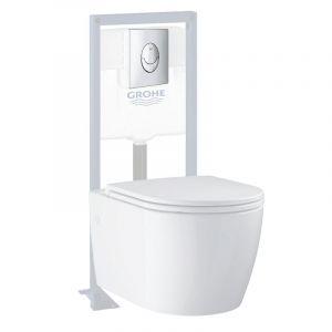 Pack WC suspendu sans bride Start Round Ceramic + Abattant frein de chute + Bati support autoportant + Plaque carr&eacute; chrom&eacute;