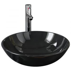 Lavabo de bain avec robinet et drain à poussoir vasque à poser de toilette lave-mains de salle de bain lavabo de salle d'eau diamètre 42 cm verre trempé 02_0002858