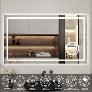 Miroir de salle de bain lumineux 120x70cm, Bluetooth + Loupe + Horloge + Anti-buée + Luminosité ajustable Miroir multifonctions