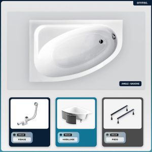 Baignoire asymétrique - 140 x 80 cm - Gauche - avec Habillage - Pieds - Vidage Chrome - CORNEA