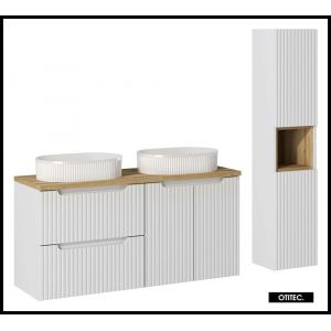 Ensemble de meuble de salle de bain - 120 cm - Oak/Blanc - avec 2 vasques à poser - avec plan - avec colonne - 2 tiroirs/portes - VOLTA WHITE