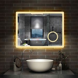 AICA Miroir salle de bain &agrave; horloge LED tricolore r&eacute;glable avec miroir anti-bu&eacute;e et grossissant,horizontal 120*70cm
